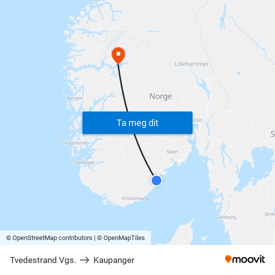 Tvedestrand Vgs. to Kaupanger map