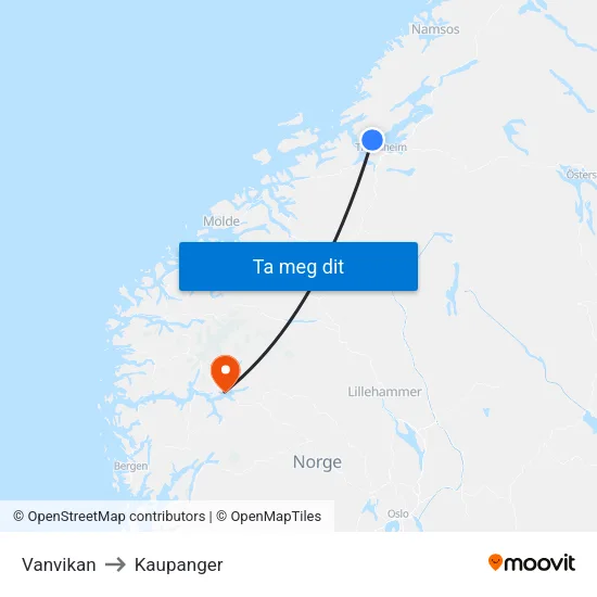 Vanvikan to Kaupanger map