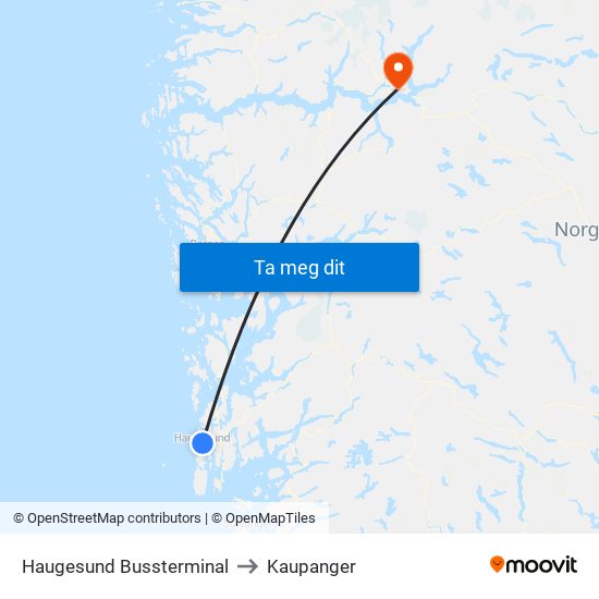 Haugesund Bussterminal to Kaupanger map