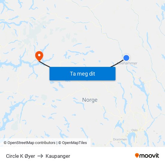 Circle K Øyer to Kaupanger map