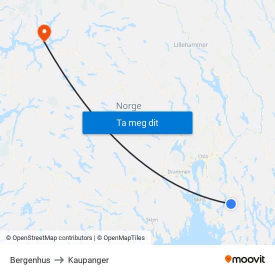 Bergenhus to Kaupanger map