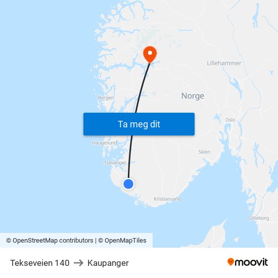 Tekseveien 140 to Kaupanger map