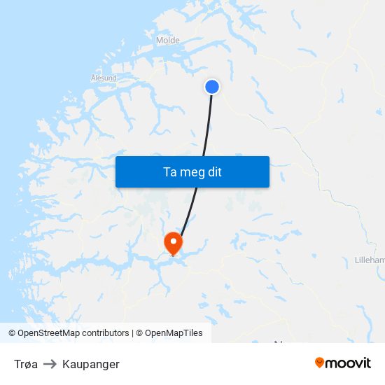 Trøa to Kaupanger map