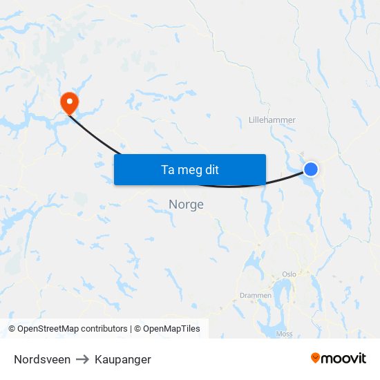 Nordsveen to Kaupanger map