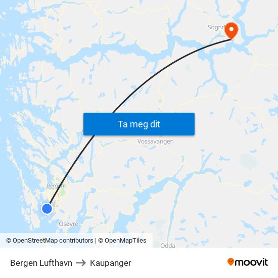 Bergen Lufthavn to Kaupanger map