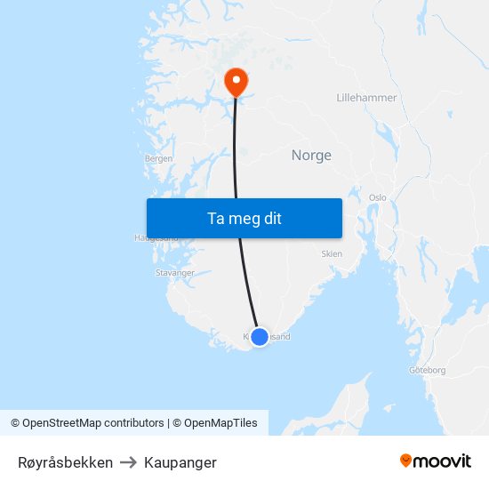 Røyråsbekken to Kaupanger map