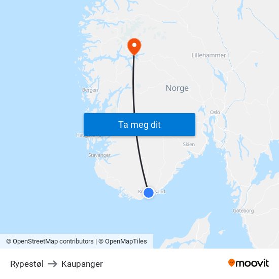 Rypestøl to Kaupanger map