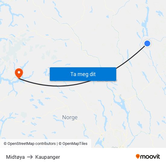 Midtøya to Kaupanger map