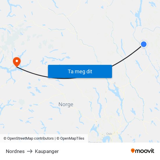 Nordnes to Kaupanger map