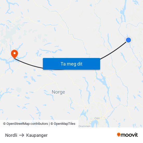 Nordli to Kaupanger map