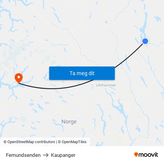 Femundsenden to Kaupanger map