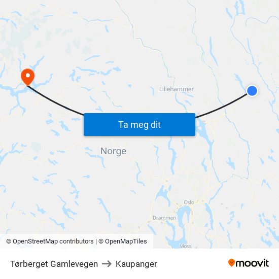 Tørberget Gamlevegen to Kaupanger map