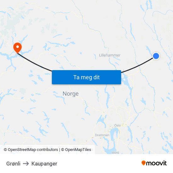 Grønli to Kaupanger map