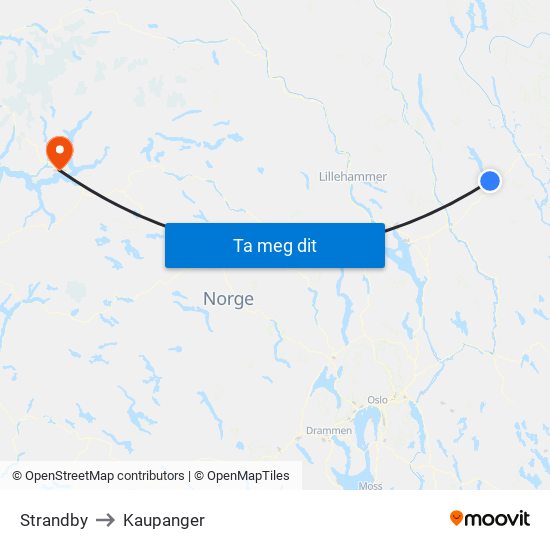 Strandby to Kaupanger map