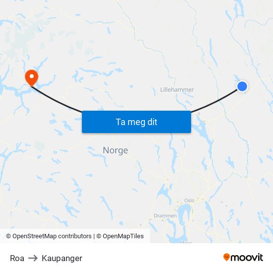 Roa to Kaupanger map