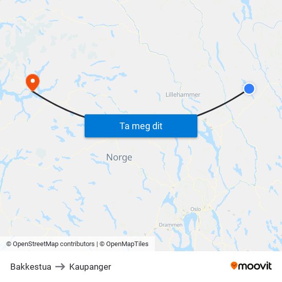 Bakkestua to Kaupanger map