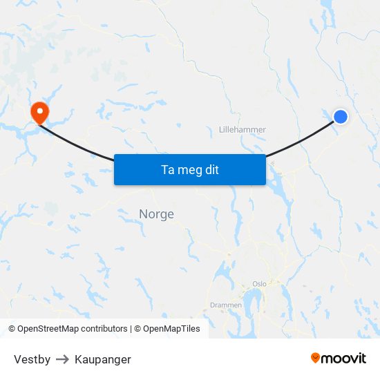 Vestby to Kaupanger map