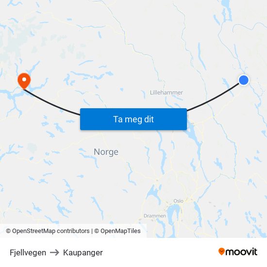 Fjellvegen to Kaupanger map