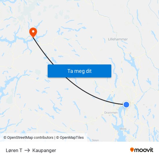 Løren T to Kaupanger map
