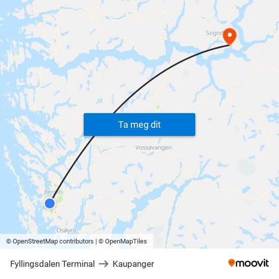 Fyllingsdalen Terminal to Kaupanger map