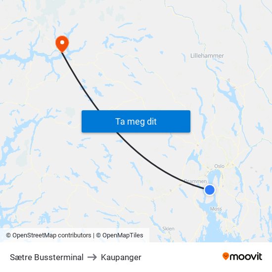 Sætre Bussterminal to Kaupanger map