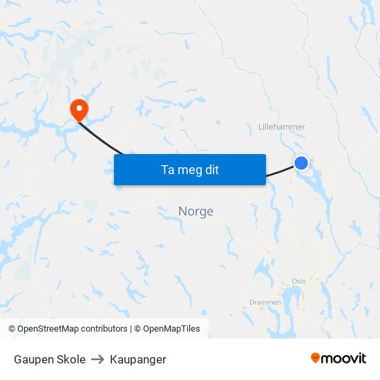 Gaupen Skole to Kaupanger map