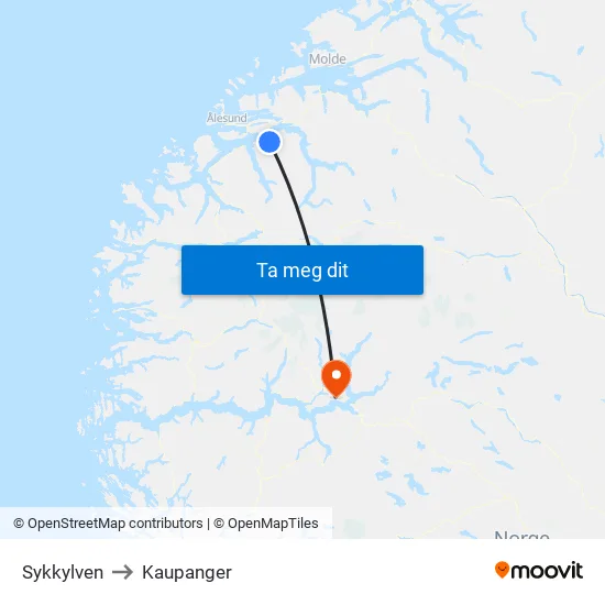 Sykkylven to Kaupanger map