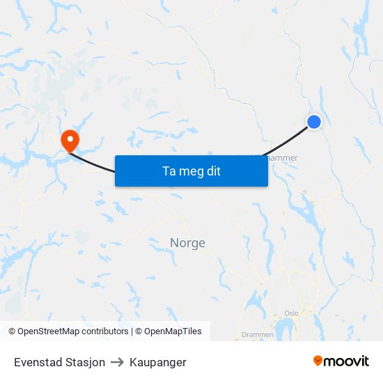 Evenstad Stasjon to Kaupanger map