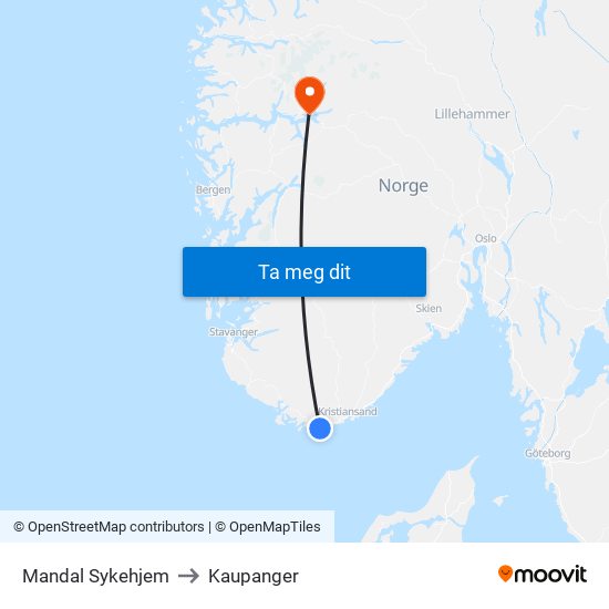 Mandal Sykehjem to Kaupanger map