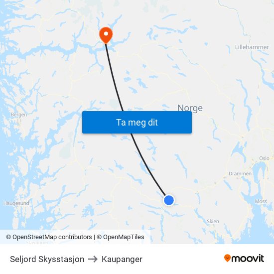 Seljord Skysstasjon to Kaupanger map