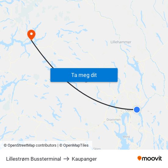 Lillestrøm Bussterminal to Kaupanger map