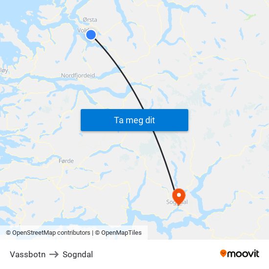 Vassbotn to Sogndal map