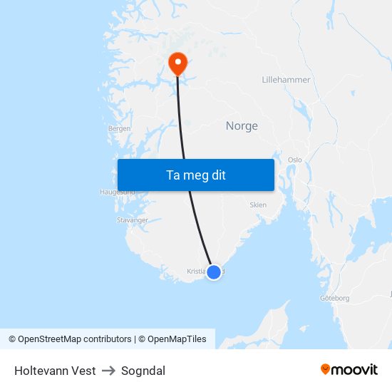 Holtevann Vest to Sogndal map