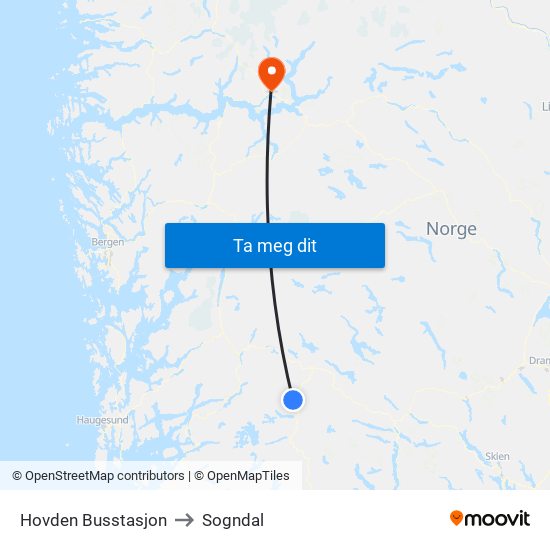 Hovden Busstasjon to Sogndal map