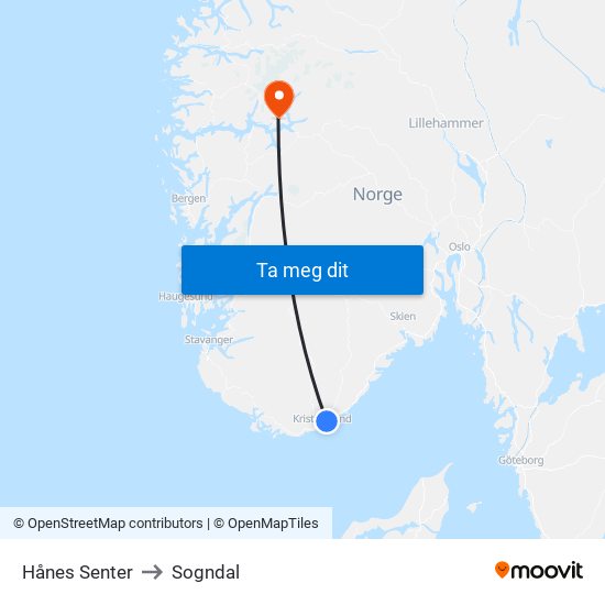 Hånes Senter to Sogndal map