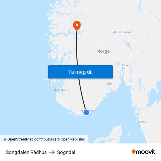 Songdalen Rådhus to Sogndal map