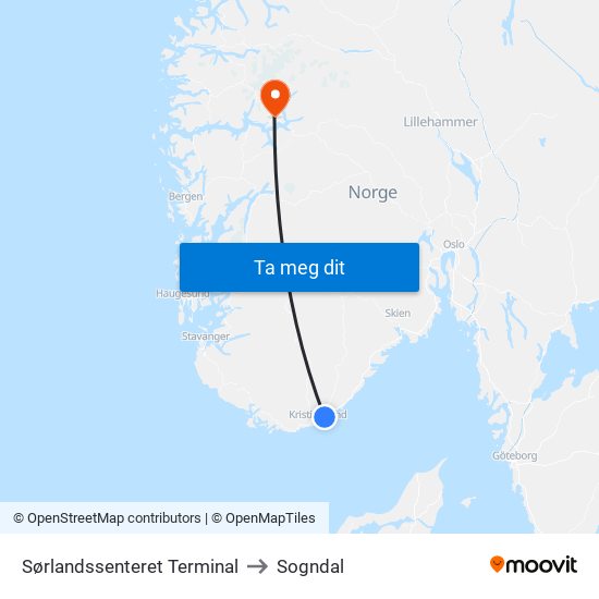 Sørlandssenteret Terminal to Sogndal map