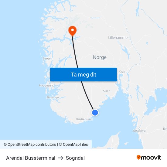 Arendal Bussterminal to Sogndal map