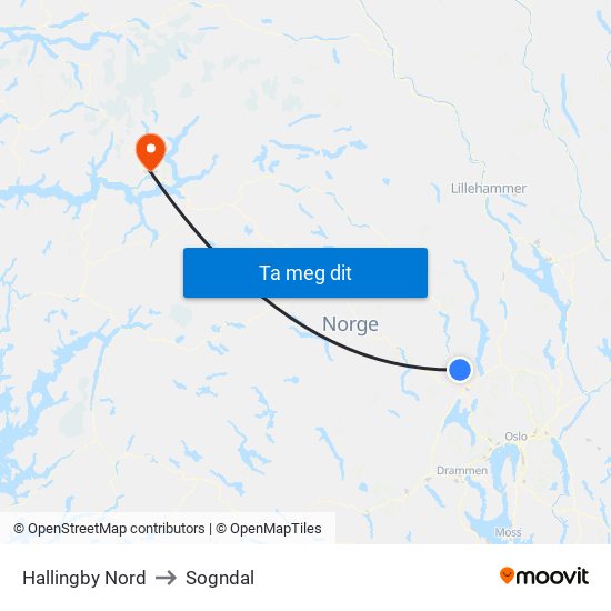 Hallingby Nord to Sogndal map