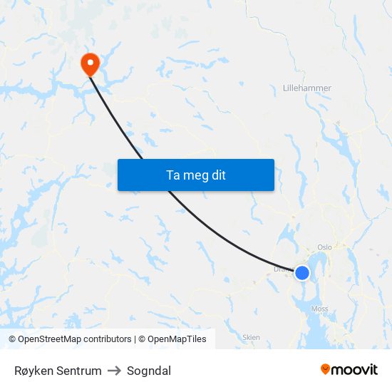 Røyken Sentrum to Sogndal map