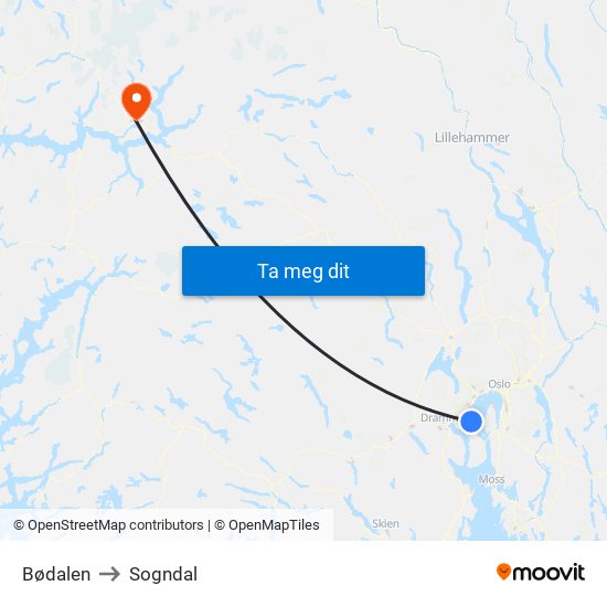 Bødalen to Sogndal map