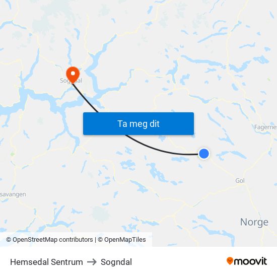 Hemsedal Sentrum to Sogndal map