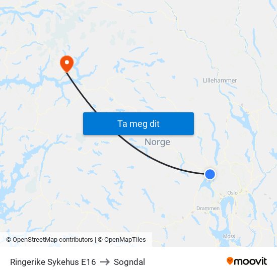 Ringerike Sykehus E16 to Sogndal map