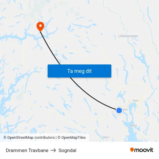 Drammen Travbane to Sogndal map