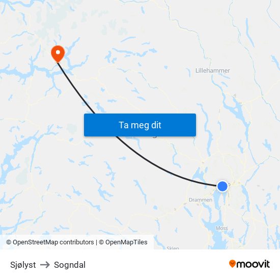 Sjølyst to Sogndal map