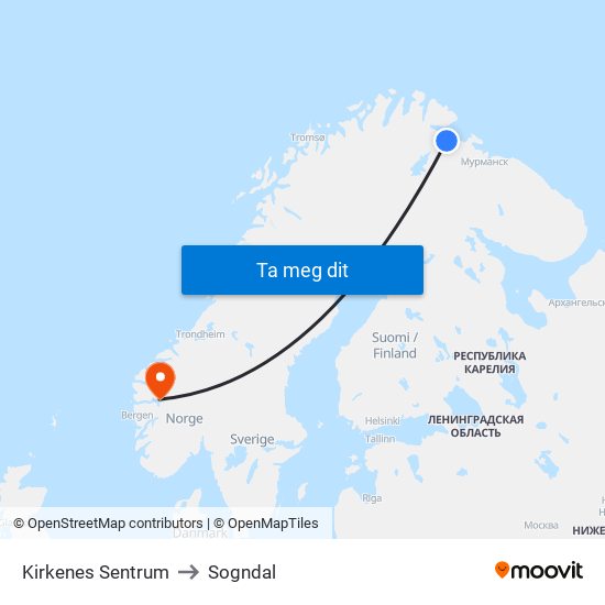Kirkenes Sentrum to Sogndal map