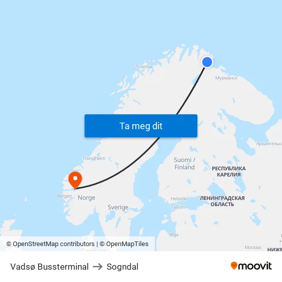 Vadsø Bussterminal to Sogndal map
