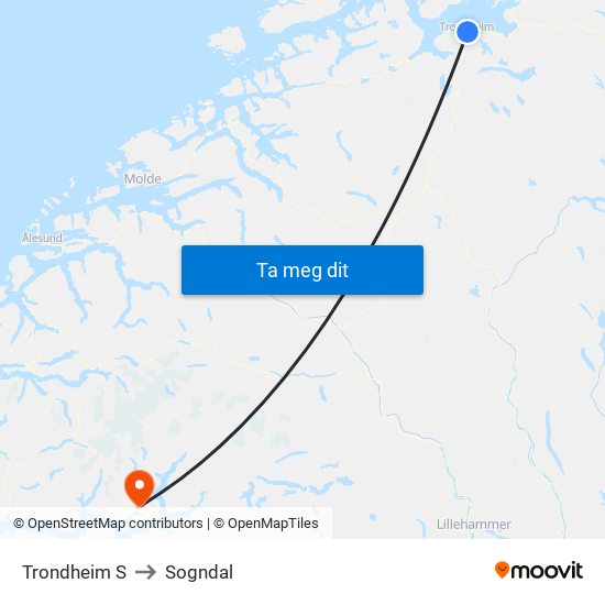 Trondheim S to Sogndal map