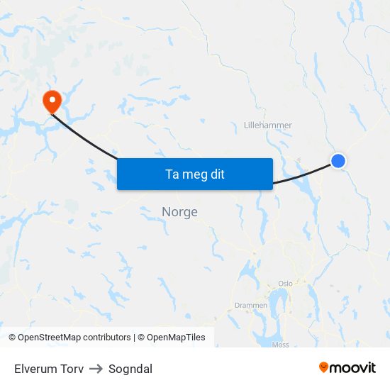 Elverum Torv to Sogndal map