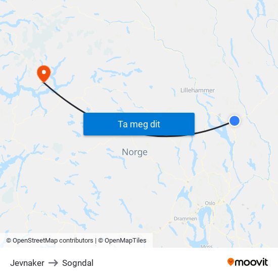 Jevnaker to Sogndal map